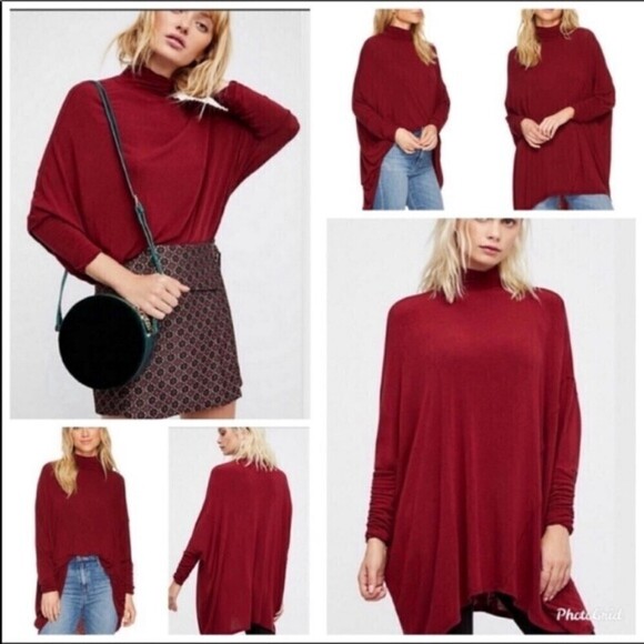 Free People We The Free Wool Batwing Turtleneck Top Maroon Burgundy Size Small - Picture 1 of 15